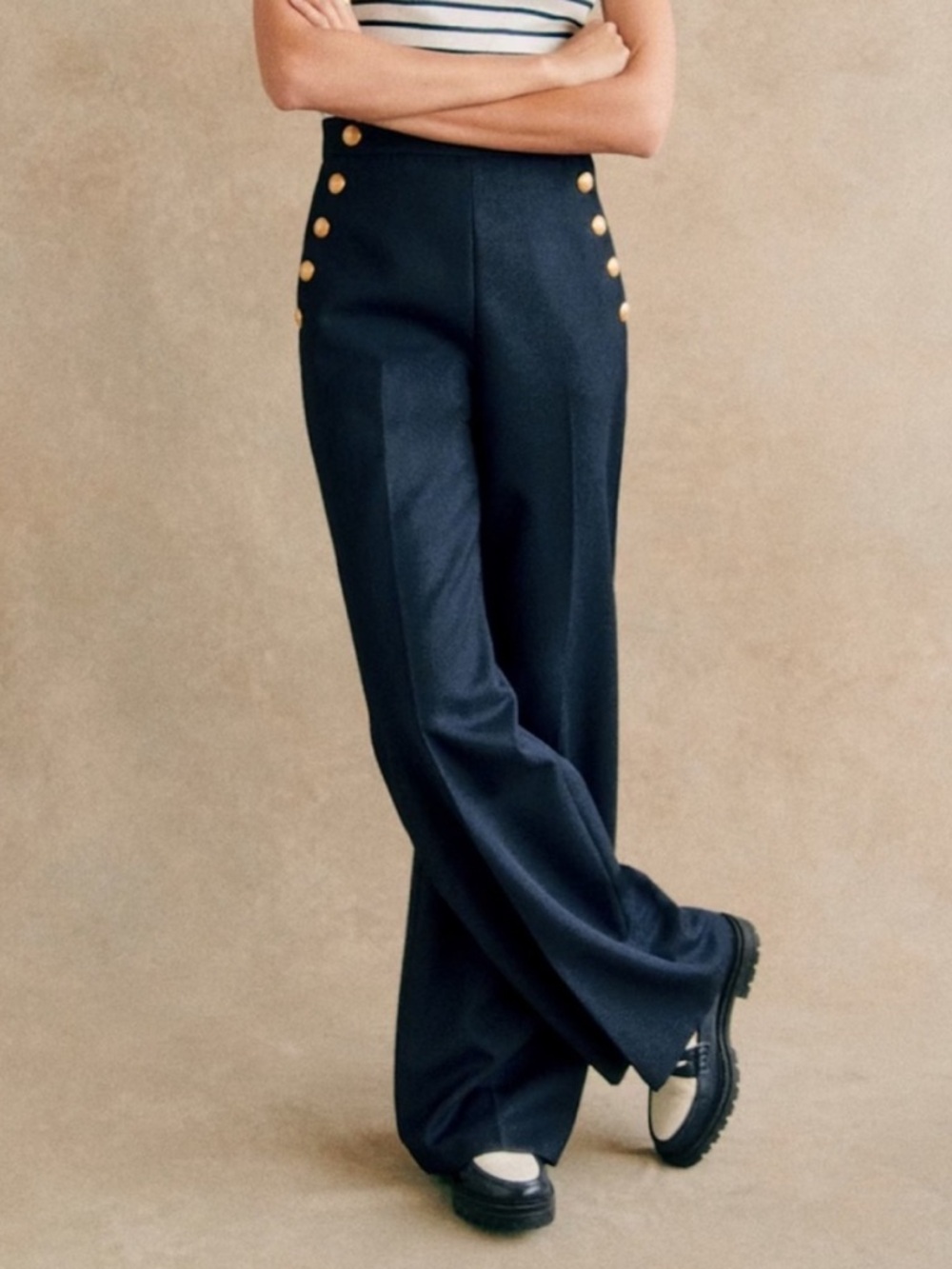 NWOT Sezane Navy Wide-Leg Pants with Gold Buttons